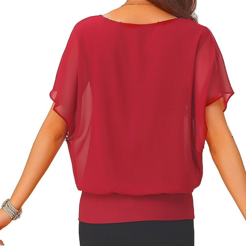 VIISHOW Womens Solid Short Sleeve Boat Neck Dolman Top with Side Shirring Red XL - Image 2